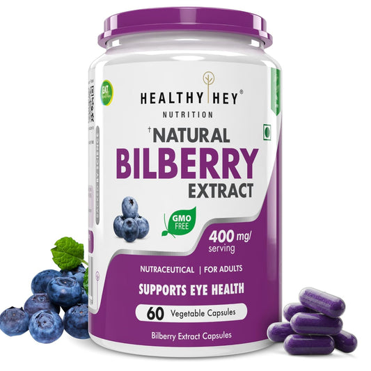 Container of Healthy Hey Nutrition Natural Bilberry Extract with purple lid and blueberries on a white background