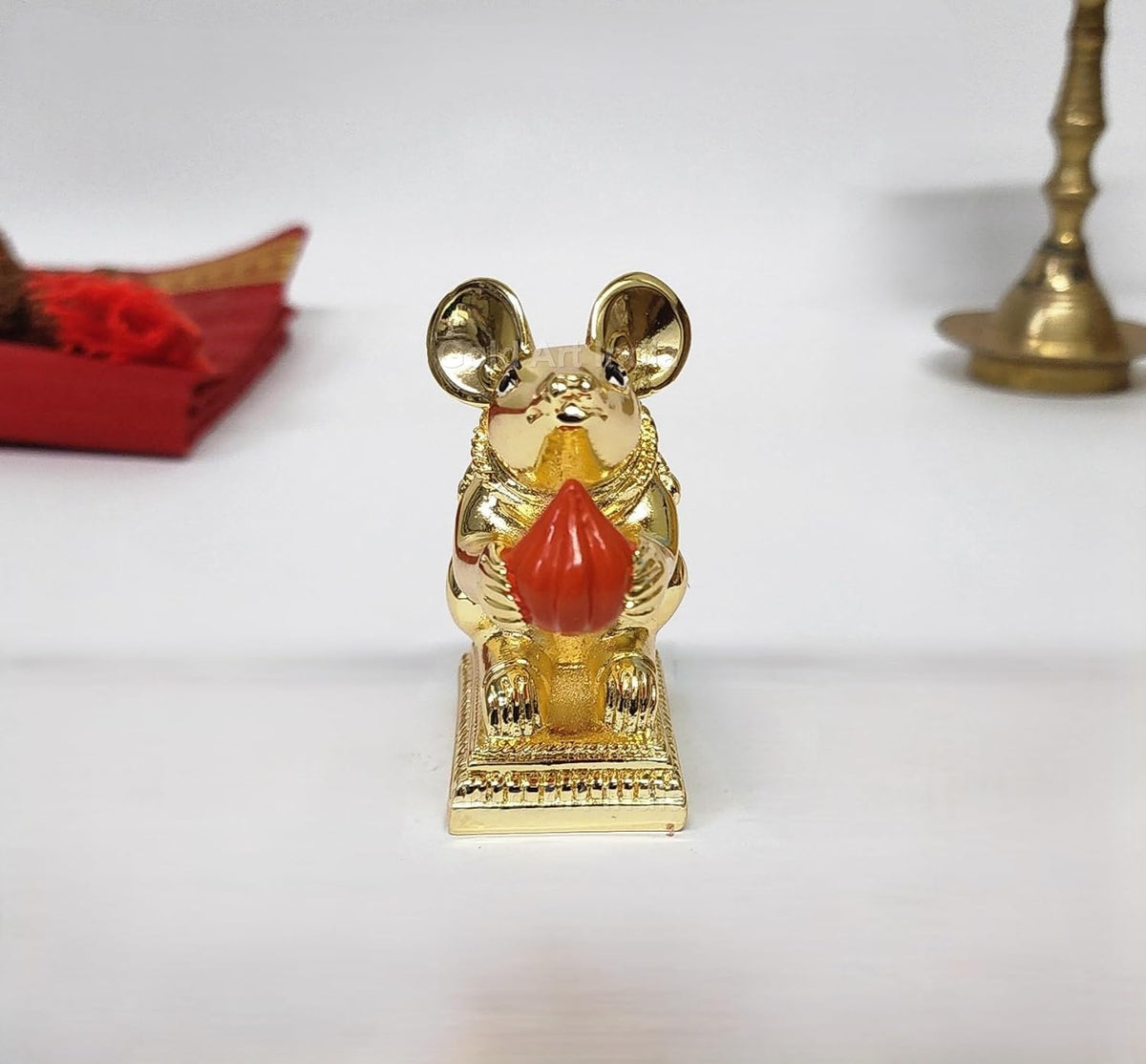 Gold Art India Gold-Plated Mushak (Mooshak) Mouse Pair with Modak | Orange Terracotta Finish | Mouse Idol | Vehicle (Vahana) of Lord Ganesha | 2.5 Inch Height | Mandir (Set of 2 pcs)