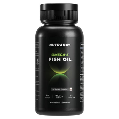 Black bottle of Nutrabay Omega-3 Fish Oil on a white background