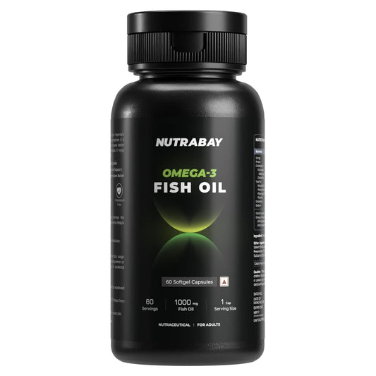 Black bottle of Nutrabay Omega-3 Fish Oil on a white background