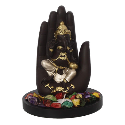 Black Golden Resin Palm Ganesha Idol Showpiece Potpourri Tea Light Candle Holder| Lord Buddha Statue Tea Light Holder| Diwali Decoration Items for Home Decor | Gift for Diwali Housewarming