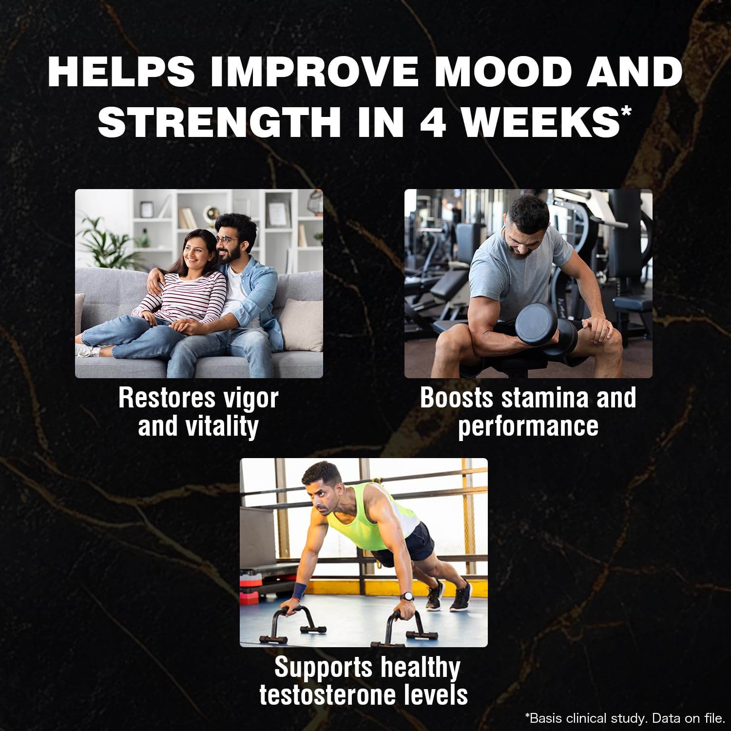 Advertisement for a product or service that boosts stamina, performance, and mood with text and images of people exercising and relaxing.