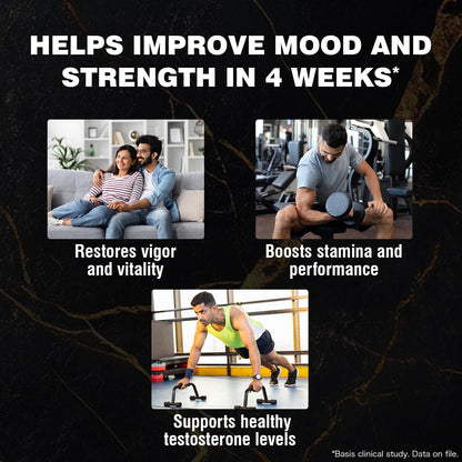 Advertisement for a product or service that boosts stamina, performance, and mood with text and images of people exercising and relaxing.