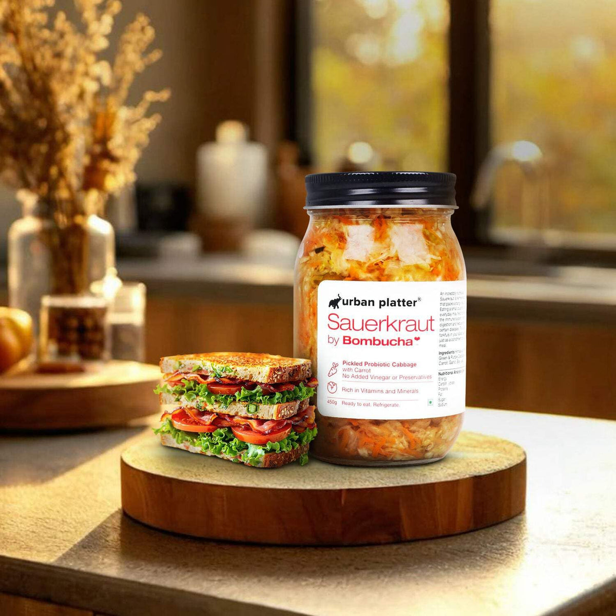 Urban Platter Sauerkraut Original Pickled Probiotic Cabbage with Carrot, 450g / 15.8oz [Raw, Artisanal, Plant-Based, Preservative Free]