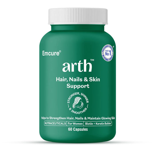Arth Hair, Nails & Skin Support | Biotin Capsules for Hair Growth with Keratin Builder & Essential Vitamins| Hair Regrowth Supplement |Biotin Supplement | Emcure Pharmaceuticals Ltd. | 60 Veg Capsules