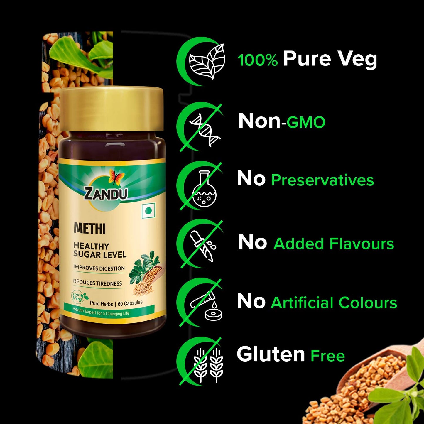 Zandu Methi Capsules (Fenugreek), Extracts of Methi known for High Content of Fibers and Antioxidants, Helps to Flush out Toxins from Body & Helps Maintain Healthy Sugar Levels - (60 Veg Capsules)