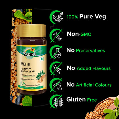Zandu Methi Capsules (Fenugreek), Extracts of Methi known for High Content of Fibers and Antioxidants, Helps to Flush out Toxins from Body & Helps Maintain Healthy Sugar Levels - (60 Veg Capsules)