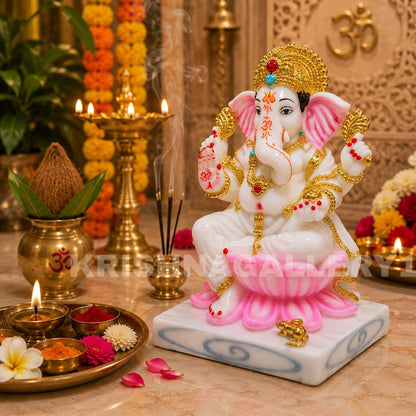 Lord Marble White Ganesh ji Murti Ganesha Ganpati Maharaj Murti Statue for Pooja Room Idol 6.5 Inch, Idol