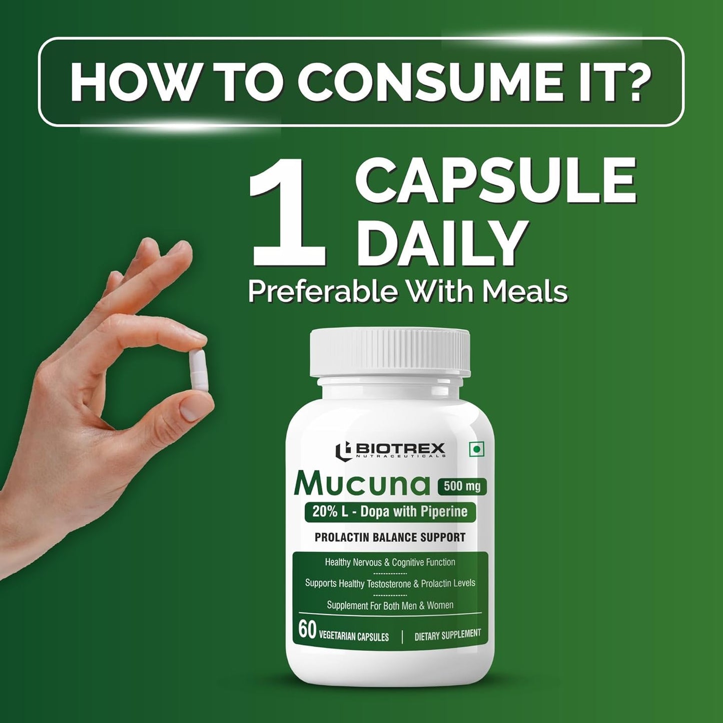 Biotrex Nutraceuticals Mucuna Pruriens (Kapikachhu) (20% L-Dopa) 500mg With Piperine 5mg | Vitality Booster, Motility & Nerve Function - 60 Veg Capsules