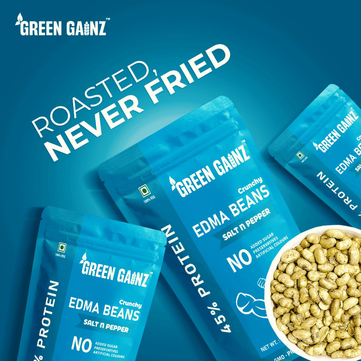 Green Gainz Roasted Edamame Salt n Pepper Flavour 100gm | Healthy Namkeen Snacks | Vegan | High Protein Snack | Weight Loss Friendly | No Palm Oil | Roasted, Not Fried