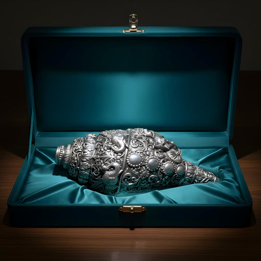 Dev Aastha Silver Plated Ganesh Shankh Idol 5.2 Inch | Lord Ganesha Conch Showpiece for Pooja Room, Home Decor & Office Desk | Vastu Gift Item for Housewarming