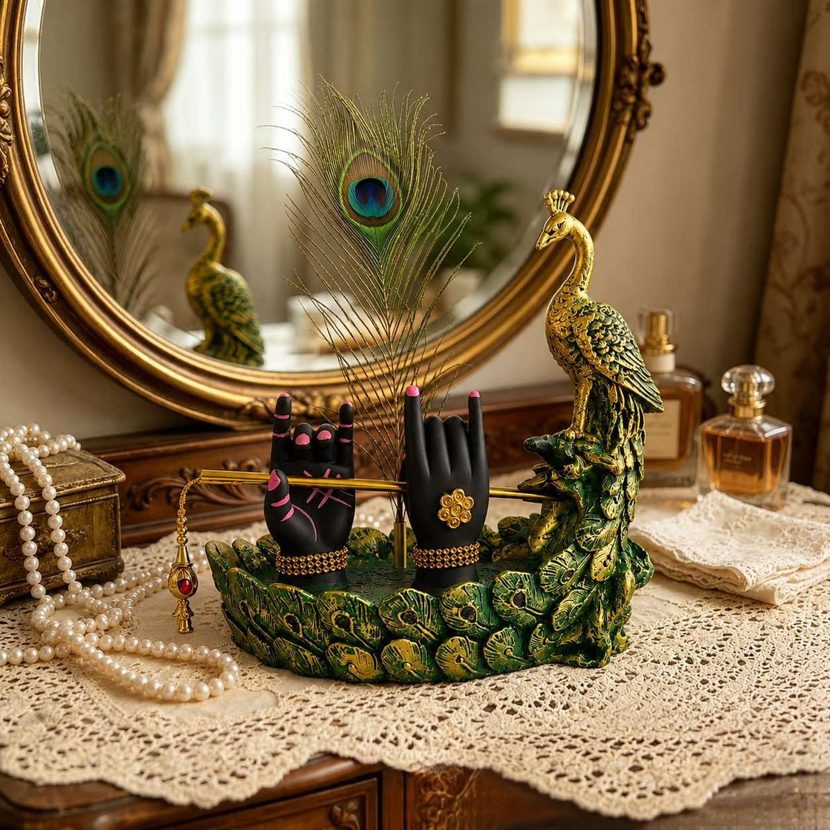 Krishna Hand Mor Pankh Showpiece for Home Decor, Lord Krishna Decorative Statue with Peacock Feather & Flute Design, Spiritual Idol for Living Room, Pooja & Gifting (Green, 22cm)