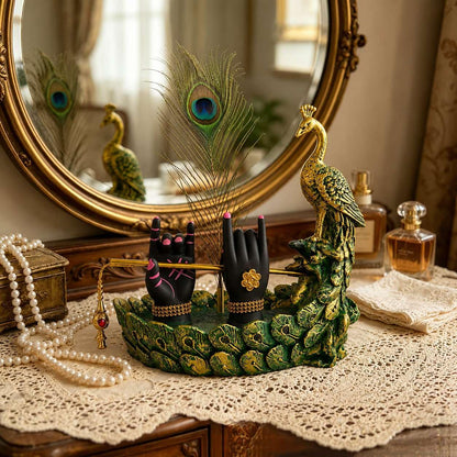 Krishna Hand Mor Pankh Showpiece for Home Decor, Lord Krishna Decorative Statue with Peacock Feather & Flute Design, Spiritual Idol for Living Room, Pooja & Gifting (Green, 22cm)