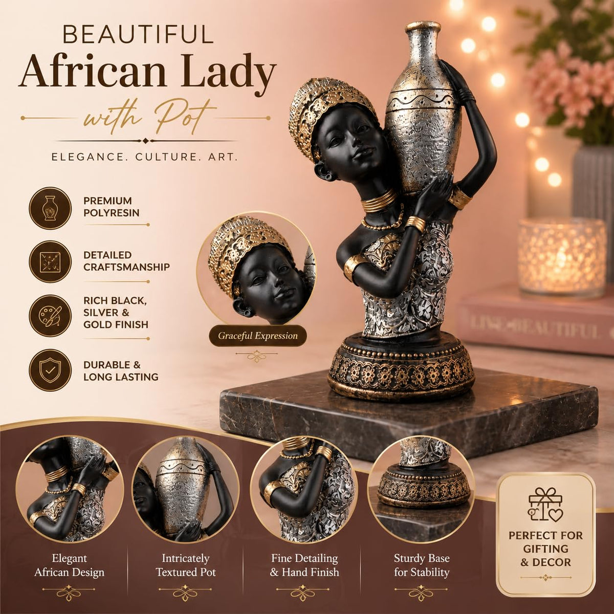 Beautiful African Lady with Pot for Table Décor | Home Décor (Pack of 1, Black,Silver & Golden)
