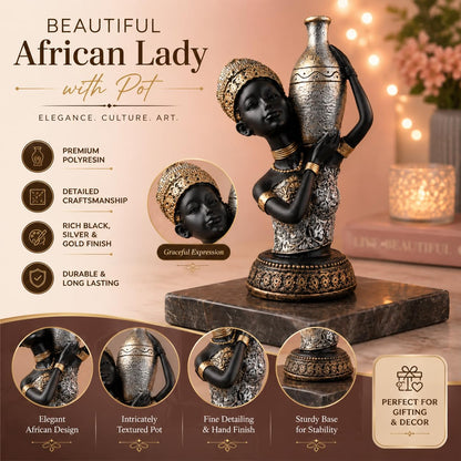 Beautiful African Lady with Pot for Table Décor | Home Décor (Pack of 1, Black,Silver & Golden)