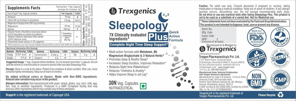 Trexgenics Sleepology Plus supplement label with various logos and text.