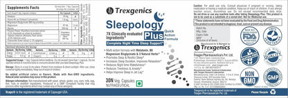 Trexgenics Sleepology Plus supplement label with various logos and text.