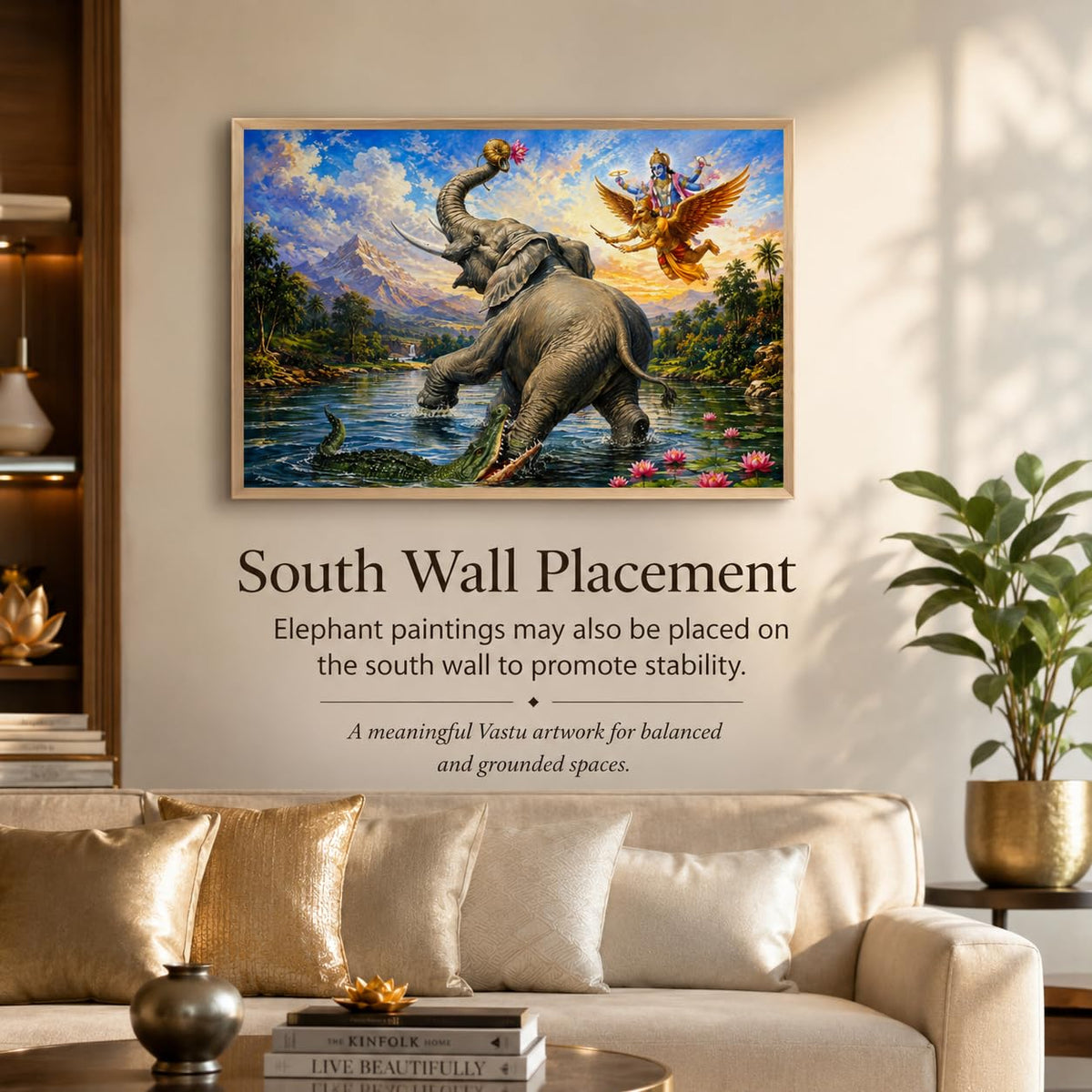 Gajendra Moksha Lord Vishnu Vastu Wall Painting for Living Room Bedroom Hall Office Decor, Hindu Devotional Artwork, Premium Wooden Synthetic Frame (13.5 x 19.5 Inch) NM01-V-181