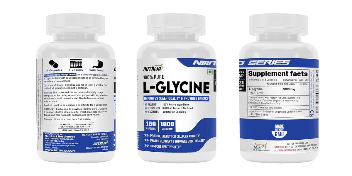 NutriJa L-Glycine 1000mg- 180 Veg Capsules | Support Healthy Sleep | Faster Recovery & Improves Joint