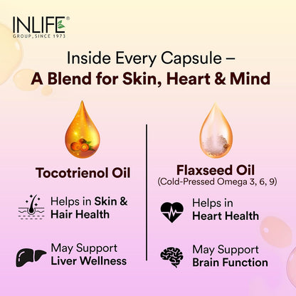 INLIFE Tocotrienol Oil 10mg (Gold Tri.E) & Flaxseed Oil 480mg Supplement | Extra Virgin Cold-Pressed Omega 3 6 9 | Supports Heart, Skin, Hair & Immune Health - 60 Vegetarian Capsules