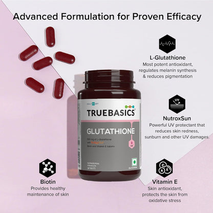 TrueBasics Glutathione supplement bottle with ingredients listed on a pink background
