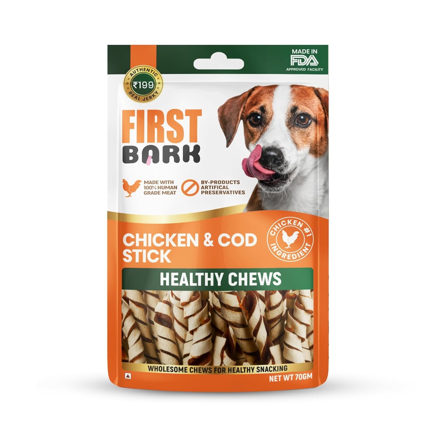 First Bark Dog Treats for Adult Dog & Puppy – Healthy Chews Chicken & Cod Fish Jerky for Dogs, Small Dogs & Shih Tzu | Dog Snacks & Puppy Treats – Chicken & Cod Stick (70g) x1