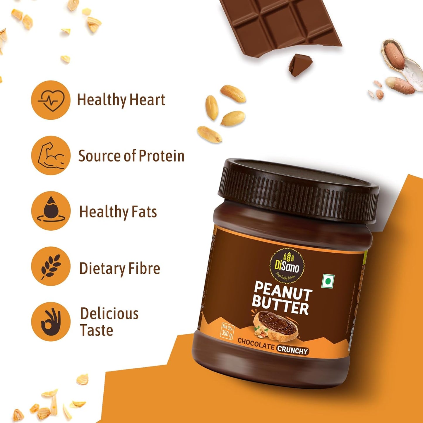 DiSano Chocolate Peanut Butter Crunchy, 23g Protein & 6.4g Dietary Fibre, Tasty & Healthy Chocolate Spread for Breakfast & Snacks, Made with Premium Roasted Peanuts