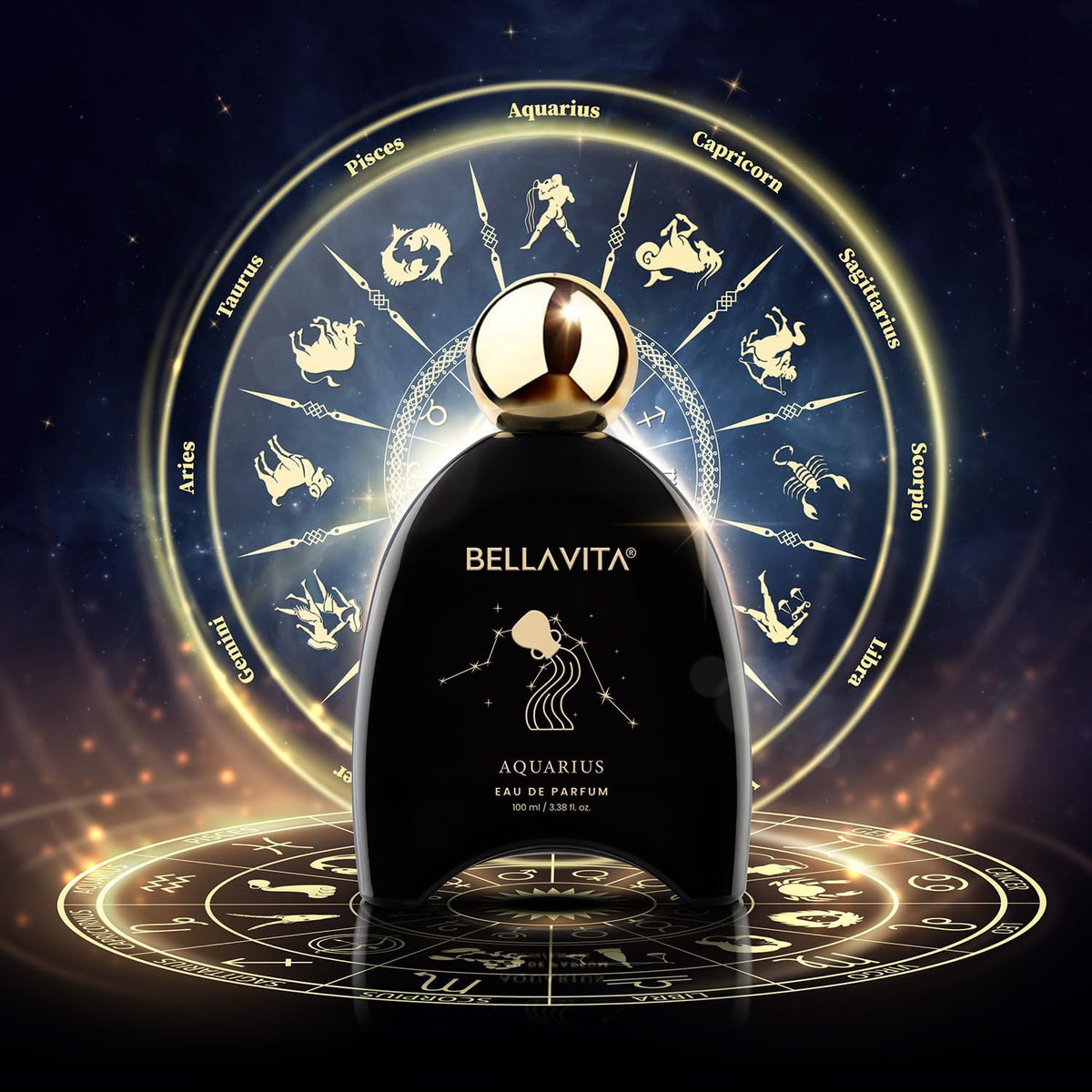 Bottle of Bellavita Aquarius Eau de Parfum with zodiac symbols in the background
