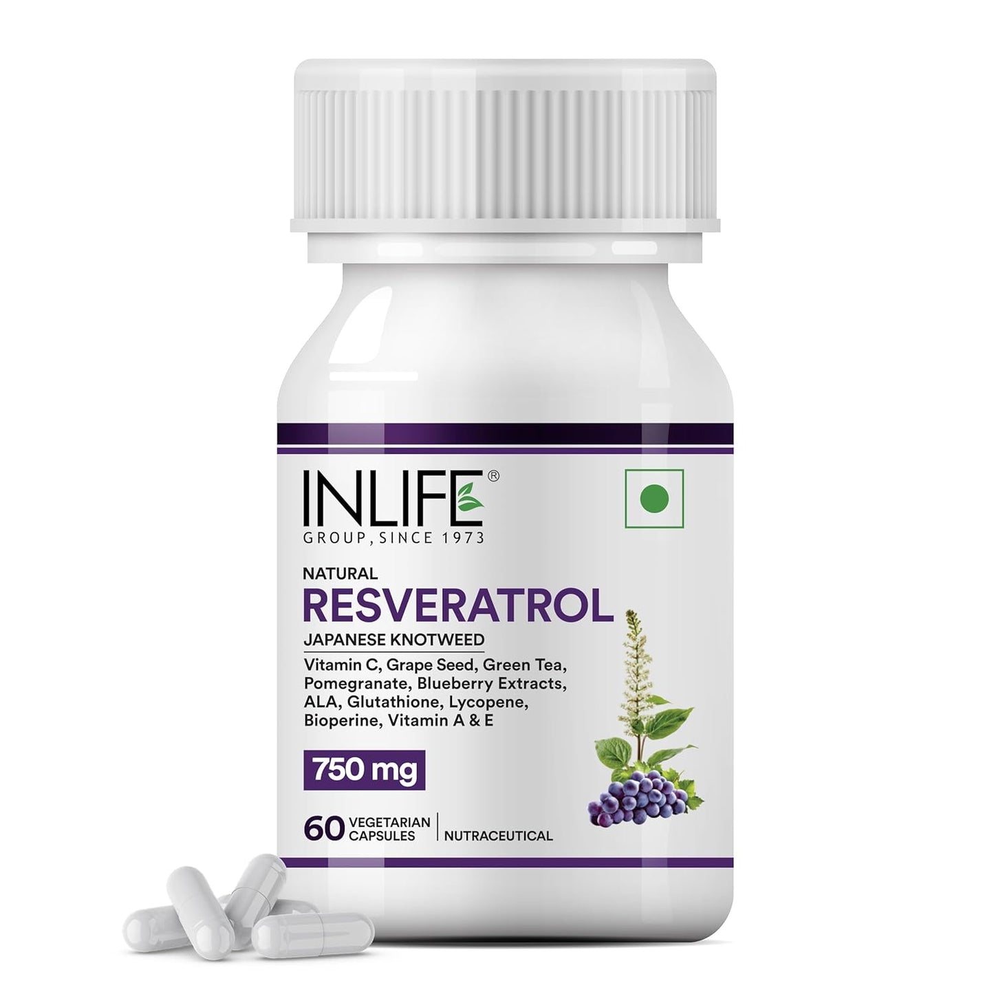 INLIFE Resveratrol Supplements - 750 mg Antioxidant Formula with Japanese Knotweed (Trans-Resveratrol), Grape Seed, Lycopene, Vitamin E & C - 60 Veg Capsules - Supports Skin, Heart Health
