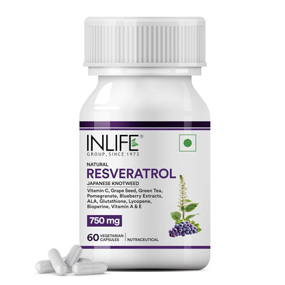 INLIFE Resveratrol Supplements - 750 mg Antioxidant Formula with Japanese Knotweed (Trans-Resveratrol), Grape Seed, Lycopene, Vitamin E & C - 60 Veg Capsules - Supports Skin, Heart Health