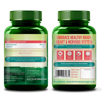 Vlado's Himalayan Organics Vitamin B12 Supplements 500 mcg - Methylcobalamin B12 Vitamin Tablets for Men & Women - 60 Veg Tablets