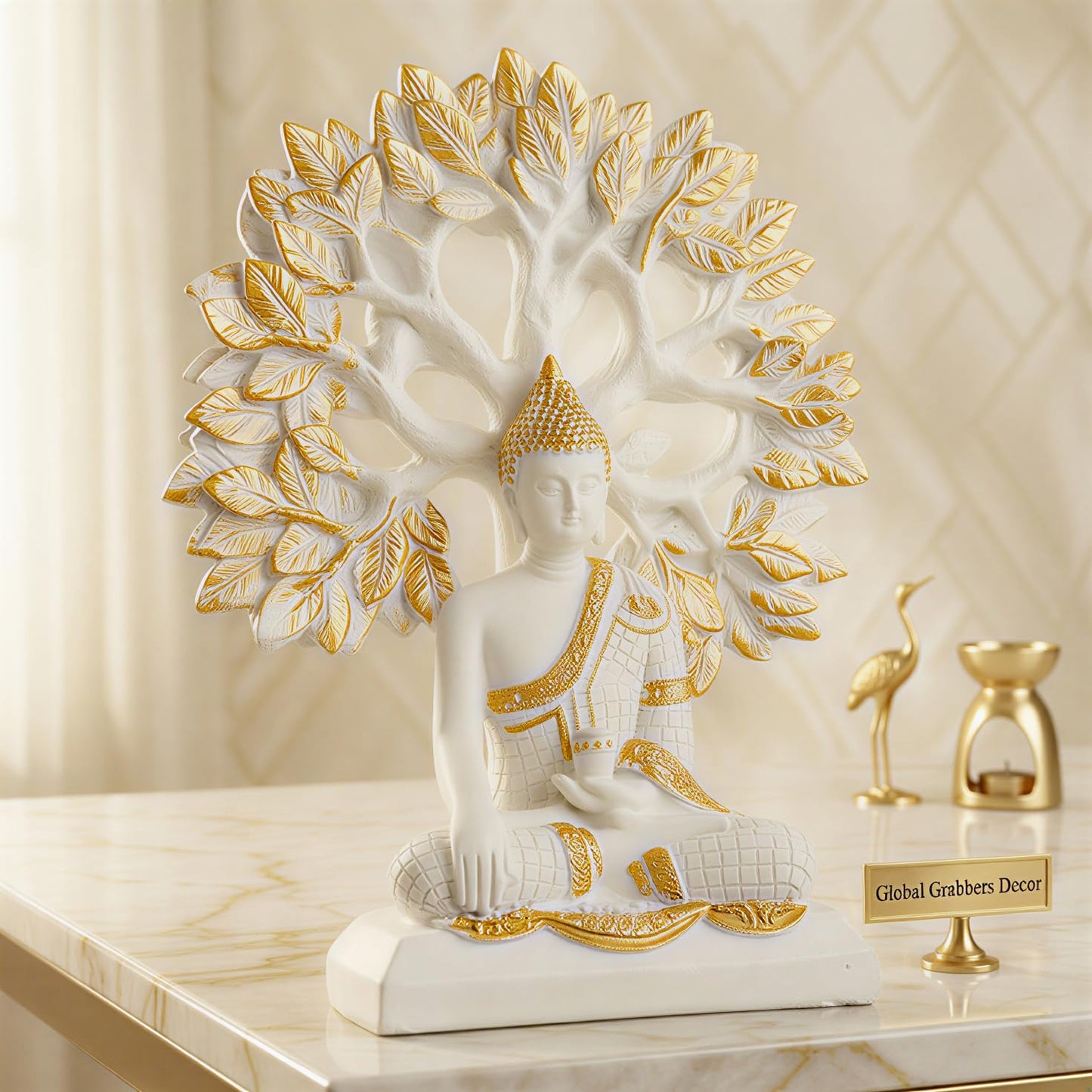 Global Grabbers Buddha Statue Showpiece Idol Home Decor Decoration Items for Living Room and Gifts (White)