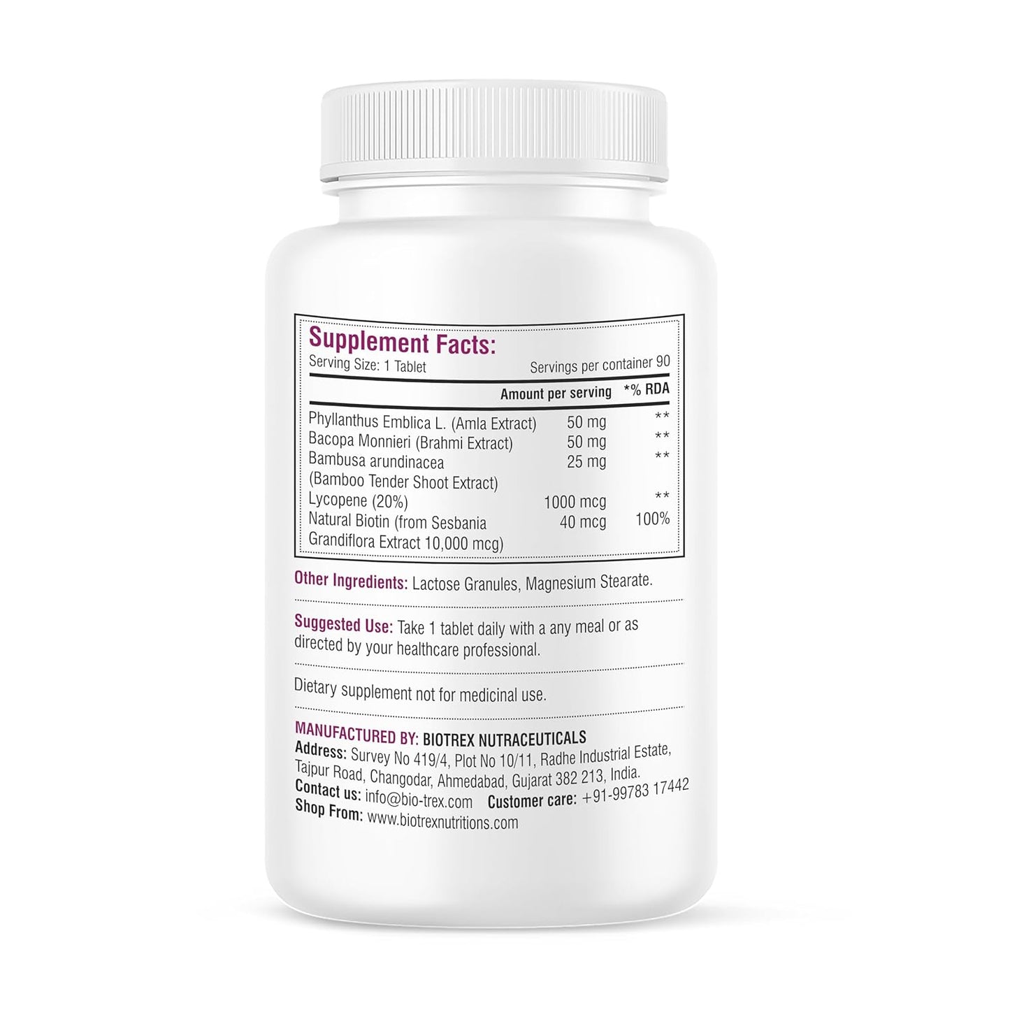 Biotrex Nutraceuticals Biotin Supplement For Hair, Skin & Nails, Enriched With Amla, Brahmi, Lycopene & Bamboo Extract - 90 Tablets
