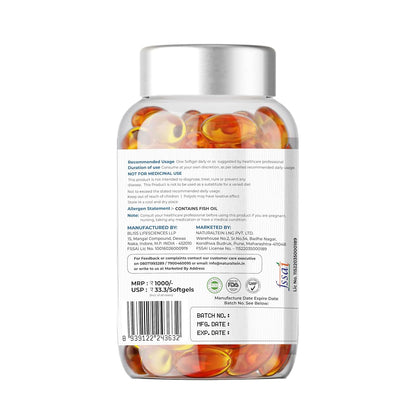 Bottle of softgels with a label on a white background