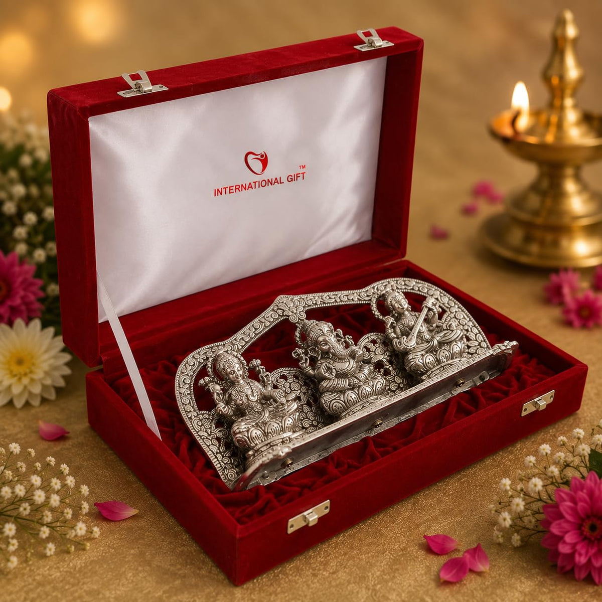 Silver Plated Laxmi Ganesh Saraswati God Idol Statue Oxidized Finish with Beautiful Velvet Box Packing and with Carry Bag (29cm x 18cm x 7cm), Religious