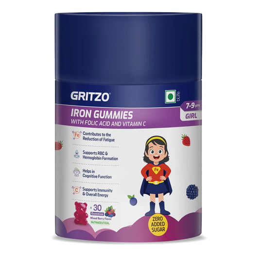 Gritzo Iron Gummies (7-9y Girl), Mixed Berry, 30 Gummies With Folic Acid & Vitamin C | Zero Added Sugar