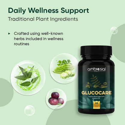 Bottle of ambrosial Glucocare with traditional plant ingredients on a green background
