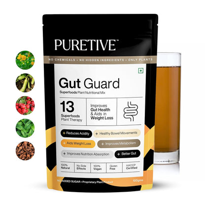 PURETIVE Gut Guard package with a glass of liquid on a white background