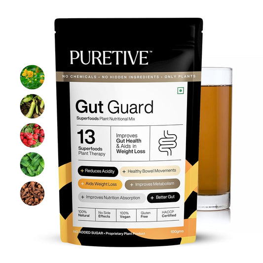PURETIVE Gut Guard package with a glass of liquid on a white background