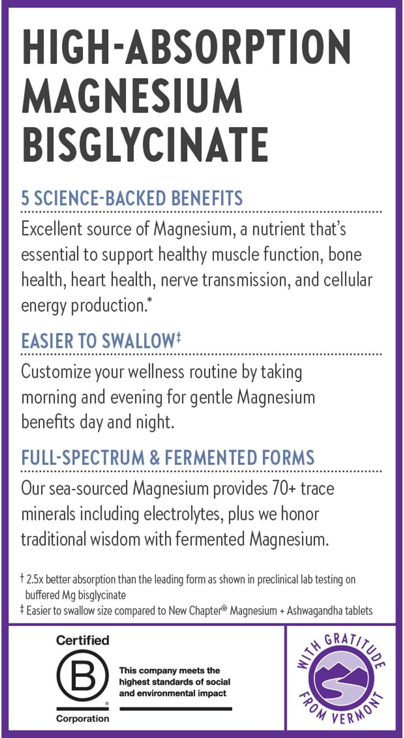 Product label for High-Absorption Magnesium Bisglycinate with text detailing benefits and features.