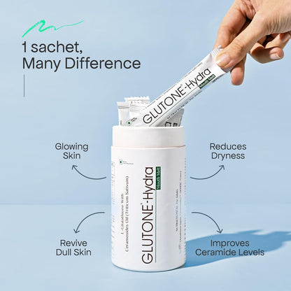 Hand holding a Glutone-Hydra sachet above a container with product benefits on a light blue background