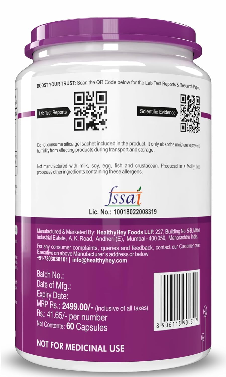 Supplement container with purple lid and label on a white background
