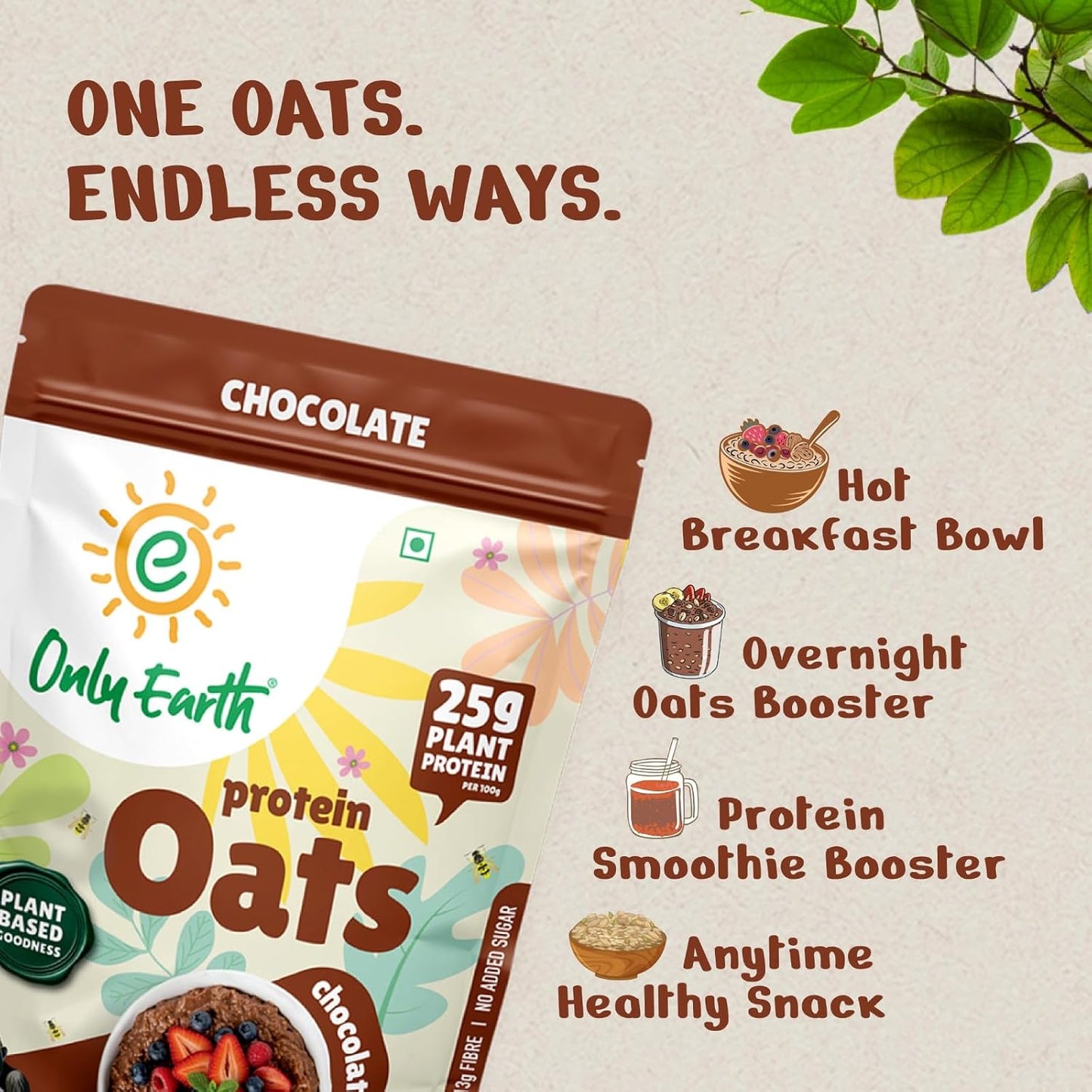 Only Earth Protein Oats | Chocolate | High Protein Instant Oats | 24g Plant Protein | High Fibre | Dairy-Free | No Added Sugar | With Pea Protein, Cocoa & Seeds | Easy Breakfast | 350g