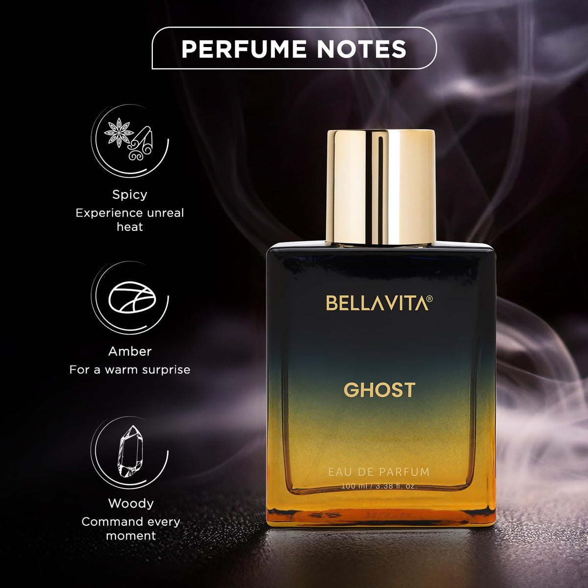 Bellavita Ghost perfume bottle with smoke effect and notes description on a dark background