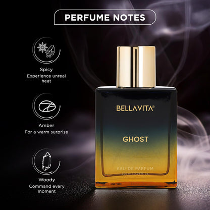 Bellavita Ghost perfume bottle with smoke effect and notes description on a dark background
