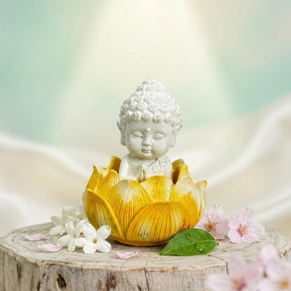 Yellow Lotus Baby Buddha Statue Showpiece for Home Décor | Living Room, Bedroom, Office & Car Dashboard