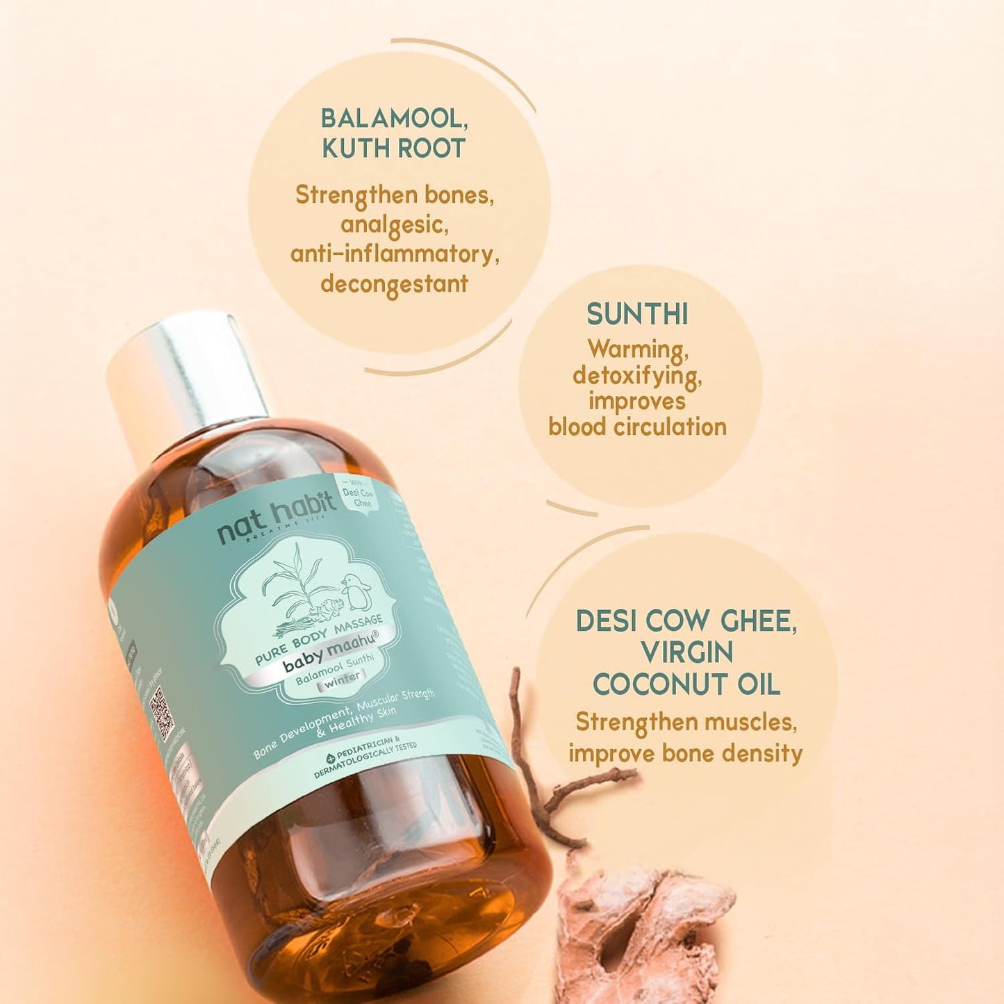 Nat Habit Winter Maahu Baby Massage Oil - Balamool Sunthi For Bone Development, Muscular Strength & Healthy Skin - Suitable For Ages 0 to 12 years - Zero Chemicals & Preservatives - 100ml