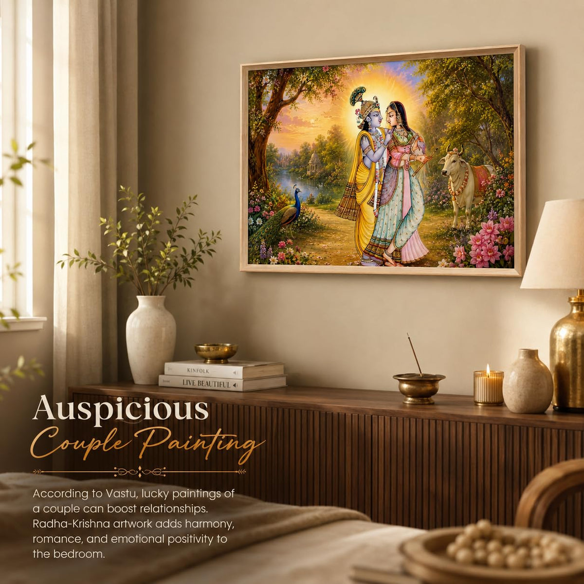Radha Krishna Garden Vastu Wall Painting for Living Room Bedroom Hall Office Decor, Devotional Peacock Cow Artwork, Premium Wooden Synthetic Frame (13.5 x 19.5 Inch) NM01-V-166