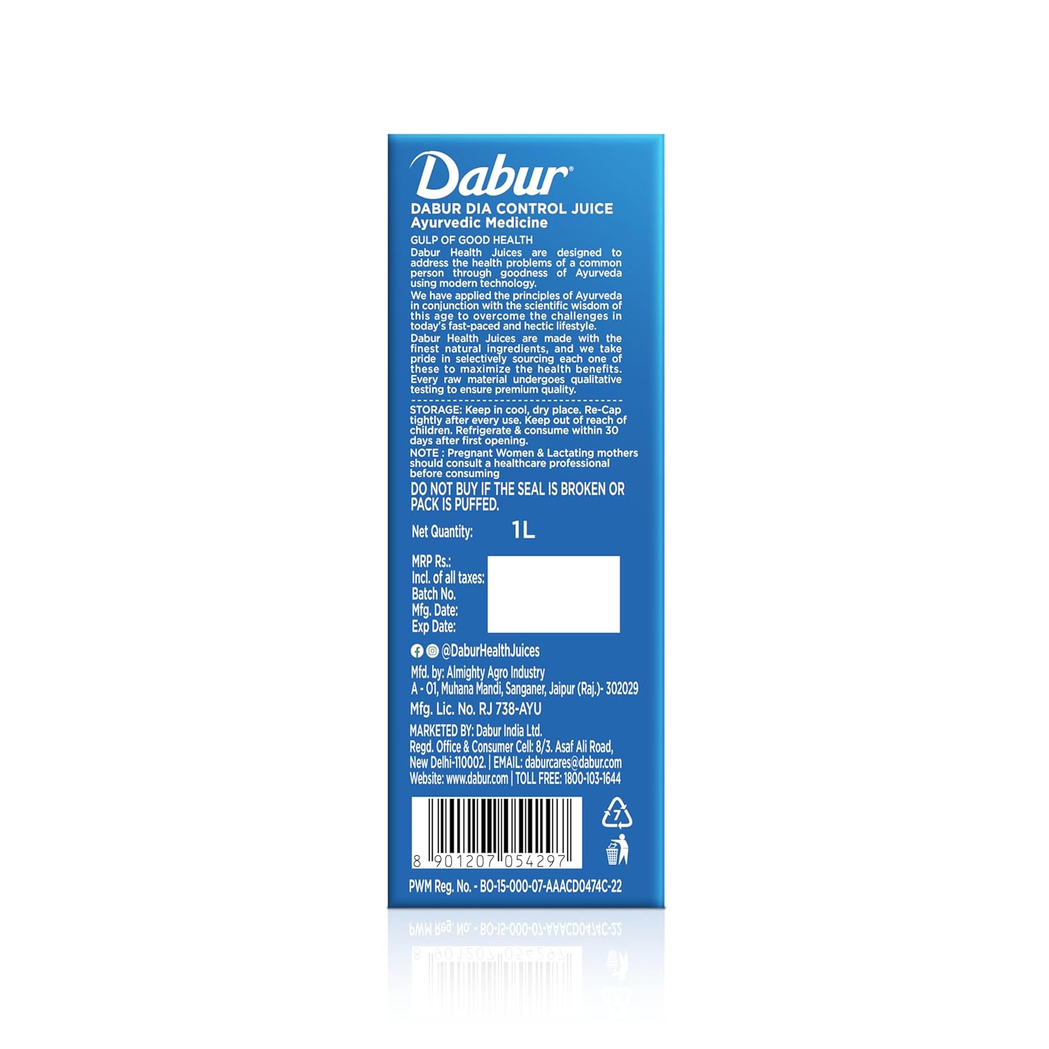 Blue label of Dabur with text and a barcode on a white background