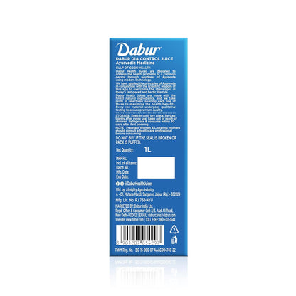 Blue label of Dabur with text and a barcode on a white background